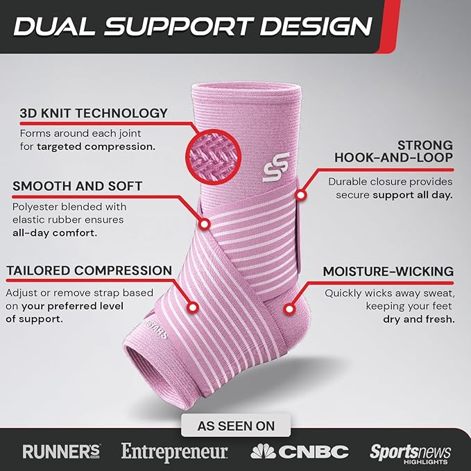 Sleeve Stars Ankle Brace for Women & Men, Ankle Wrap for Sprain, Compression Sleeve for Plantar Fasciitis Relief, Easy Customizable Support: w/ Removable Strap (Pair/M:10"-12"/Baby Pink)