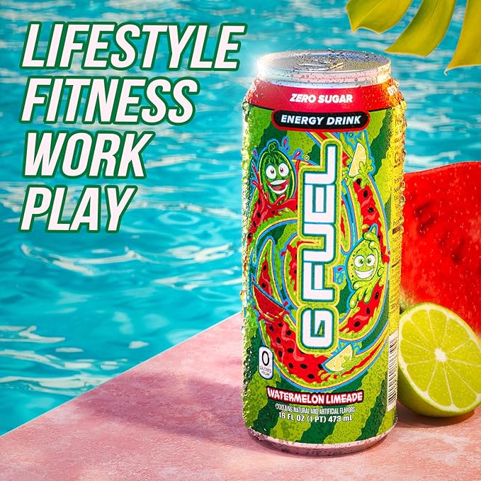 G Fuel Energy Drink, Watermelon, Sugar Free Beverage with 300mg Caffeine, Daily Energy Boost with Focus Amino, Vitamin + Antioxidants, 16 oz Cans (Watermelon Limeade, 12-Pack)