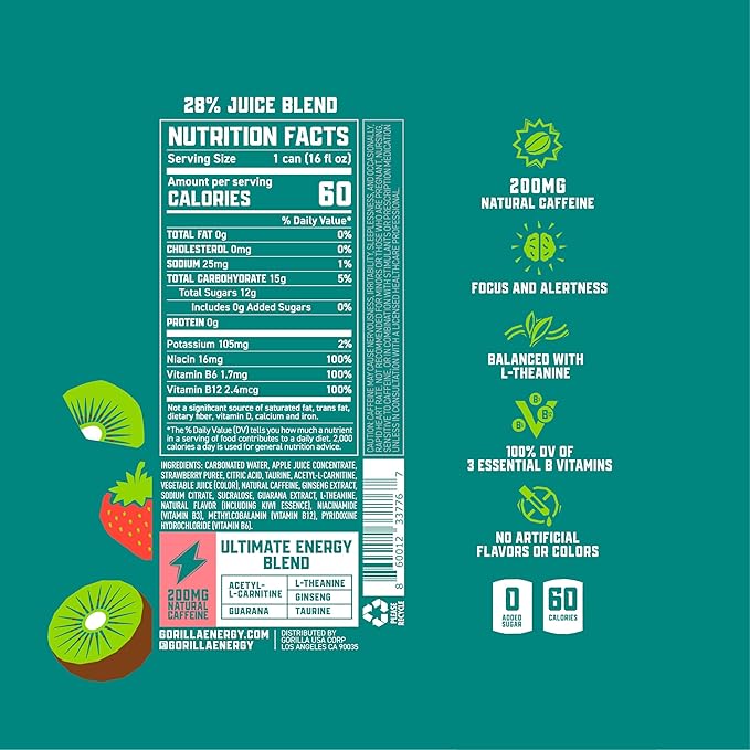 Gorilla Energy Drink, Kiwi Strawberry, 200mg Natural Caffeine, Real Fruit Juice Squeezed & Concentrated, L-Theanine, Taurine, Ginseng, Acetyl L-Carnitine, No Added Sugar and No Artificial Colors, 12 Pack