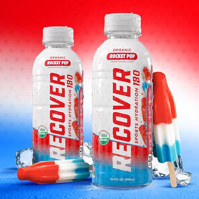 RECOVER 180 Organic Sports Hydration Drink, No Sugar Added, 20 Calorie Sports Beverage, Organic Flavors With Vitamins, Potassium-Packed Electrolytes (16.9 Fl Oz (Pack of 12), Rocket Pop)