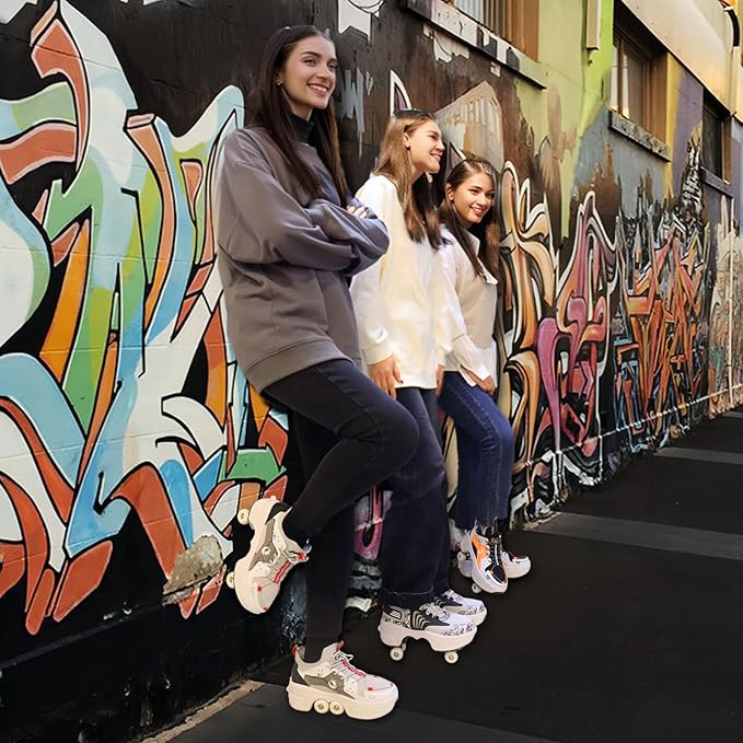 Roller Skate Shoes for Women Four Rounds Children's Roller Skates Shoes That Turn into Rollerskates Sneakers Outdoor Light Shoes with Wheels for Girls/Boys