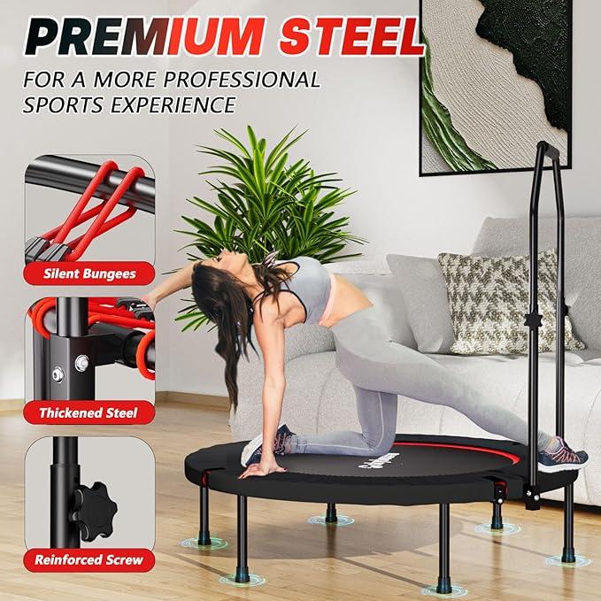 Rebounder Trampoline for Adults - 40" Foldable Mini Trampoline Fitness Rebounder with Adjustable U-Bar Handle, Max Load 350lbs,Stable Quiet Indoor/Outdoor Exercise Equipment