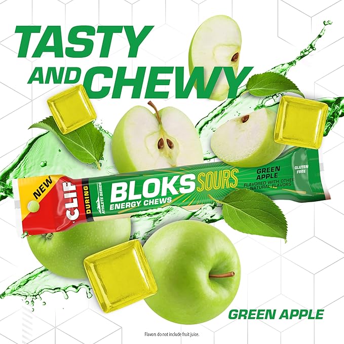 Clif Bloks Sours - Green Apple Flavor - Energy Chews - Non-GMO - Plant Based - Fast Fuel for Cycling and Running - Quick Carbohydrates and Electrolytes - 2.12 oz. (18 Count)