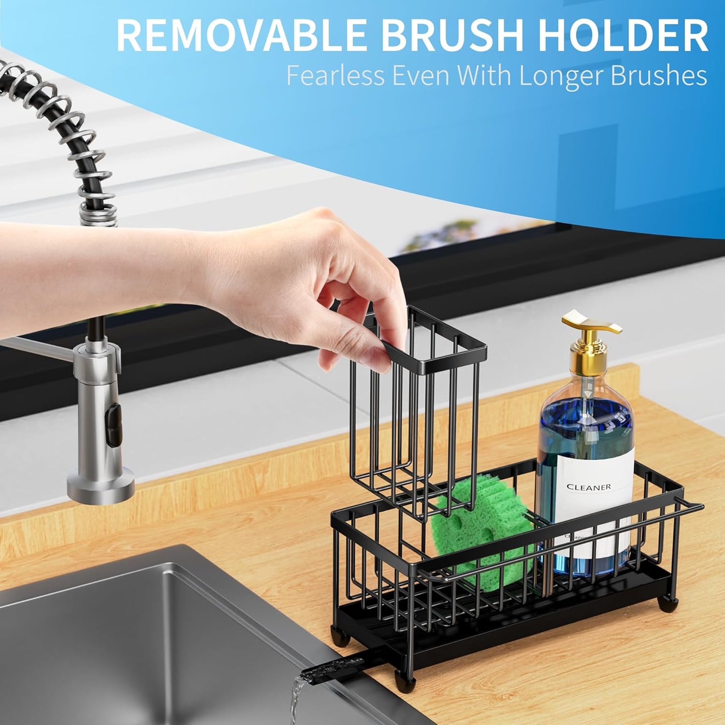 Cisily Sponge Holder for Kitchen Sink with Towel Rack, Sink Caddy with Kitchen High Brush Holder, Organzier Rustproof 304 Stainless Steel Dish Organizer Divider, Soap Dispenser Storage