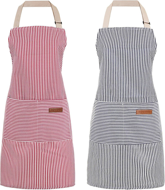 2 Pack Cooking Aprons Adjustable Bib Apron for Women with 2 Pockets, Kitchen Restaurant Men Chefs Aprons