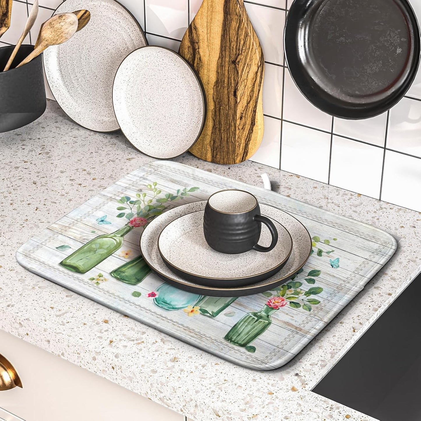 Fern Leaf Vase Dish Drying Mat 16x18 Inch Eucalyptus Leaves Microfiber Absorbent Dish Drainer Mat Reversible Drying Pad for Kitchen Counter Sink