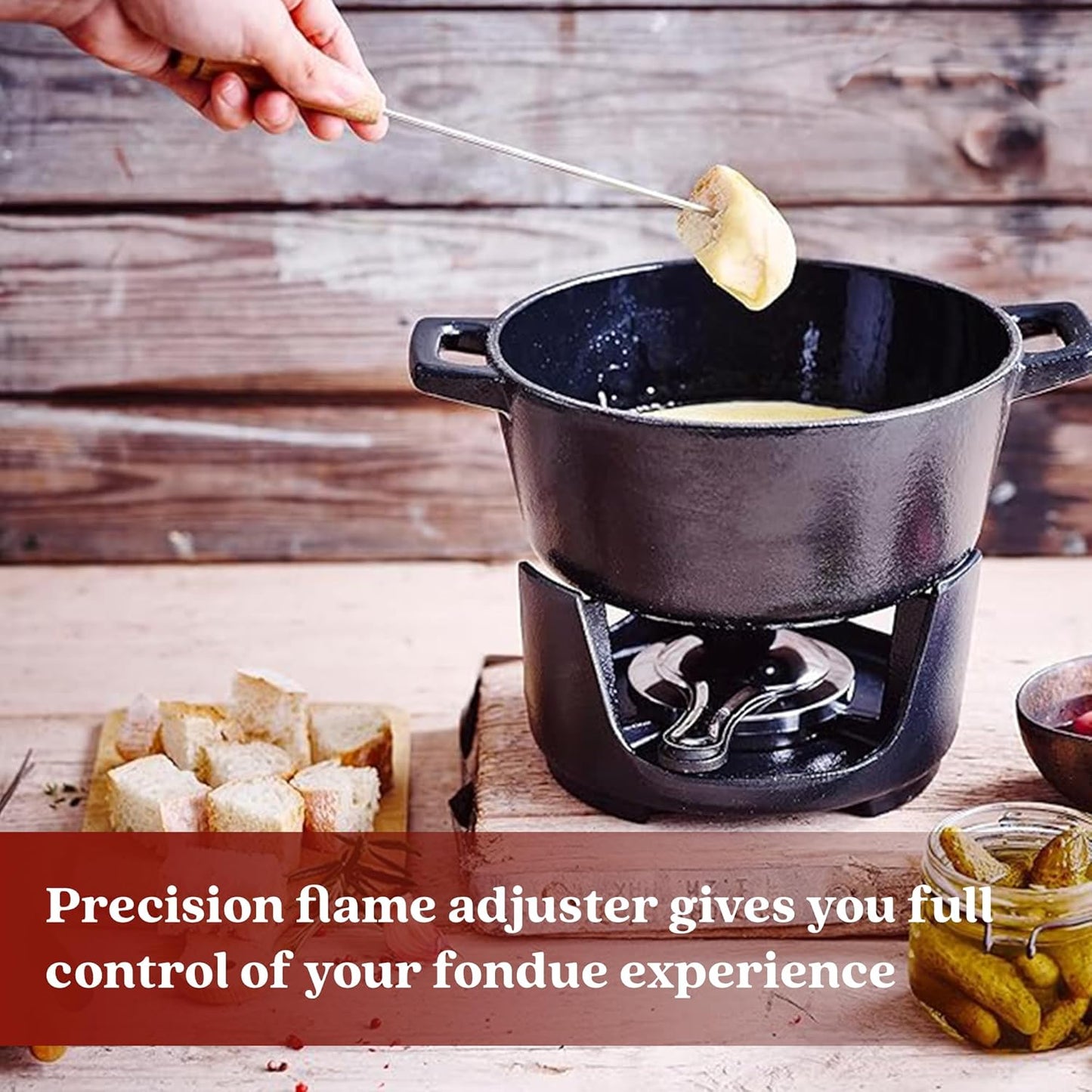 Alva Nori Cast Iron 2-Qt Fondue Pot Set – Made With No PTFE/PFOA/PFAS, Oven Safe – Works on Induction – 3-Layer Enamel, Easy to Clean, No Seasoning Needed – Includes 8 Forks, Burner & Stand