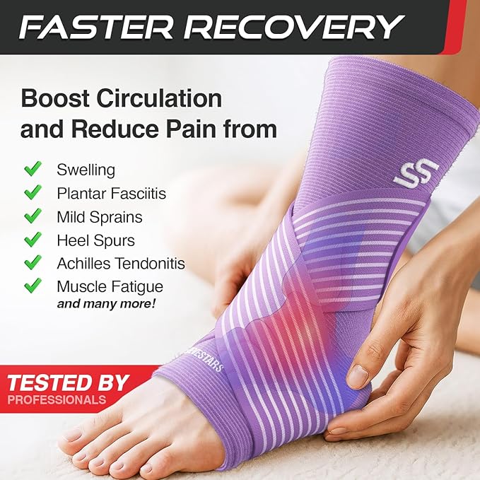 Sleeve Stars Ankle Brace for Women & Men, Ankle Wrap for Sprain, Compression Sleeve for Plantar Fasciitis Relief, Easy Customizable Support: w/ Removable Strap (Pair/M:10"-12"/Light Purple)