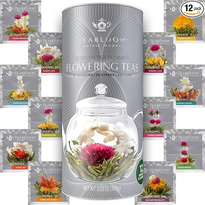 Teabloom Flowering Tea - 12 Unique Varieties of Blooming Tea Flowers - Hand-Tied Green Tea Leaves & Edible Flowers - 12-Pack Gift Canister