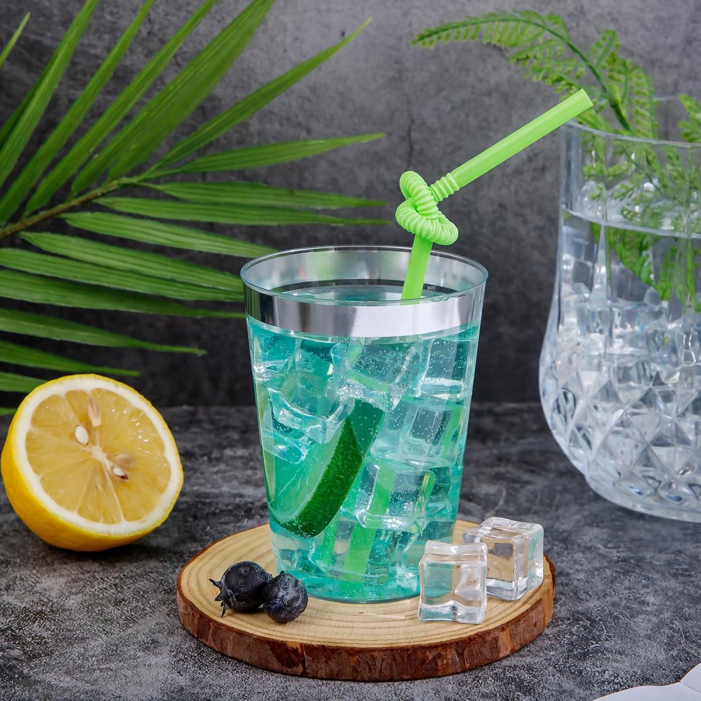 I00000 100PCs Silver Plastic Cups, 10 oz Clear with Silver Trim, Heavy-Duty Disposable Hard Plastic Cups for Party & Wedding