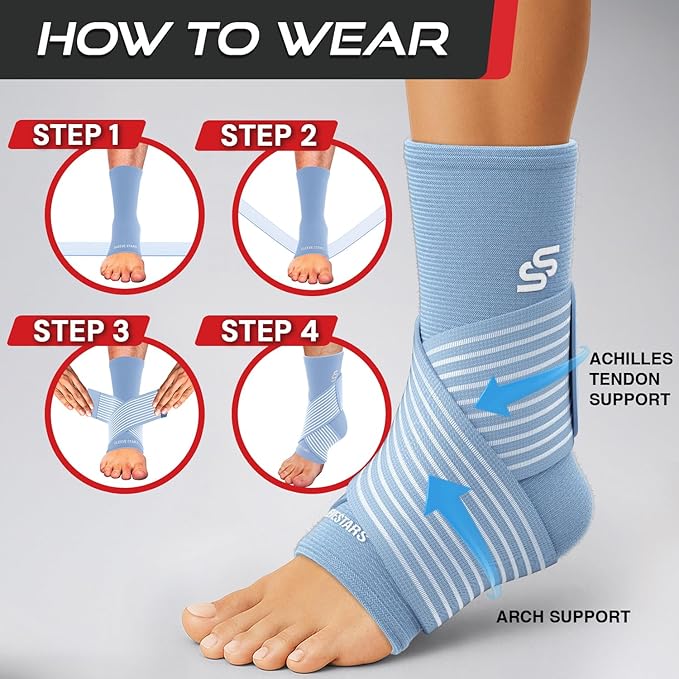 Sleeve Stars Ankle Brace for Women & Men, Ankle Wrap for Sprained Ankle, Compression Sleeve for Plantar Fasciitis Relief, Easy Customizable Support: w/Removable Strap (Single/S:9"-10"/Light Blue)