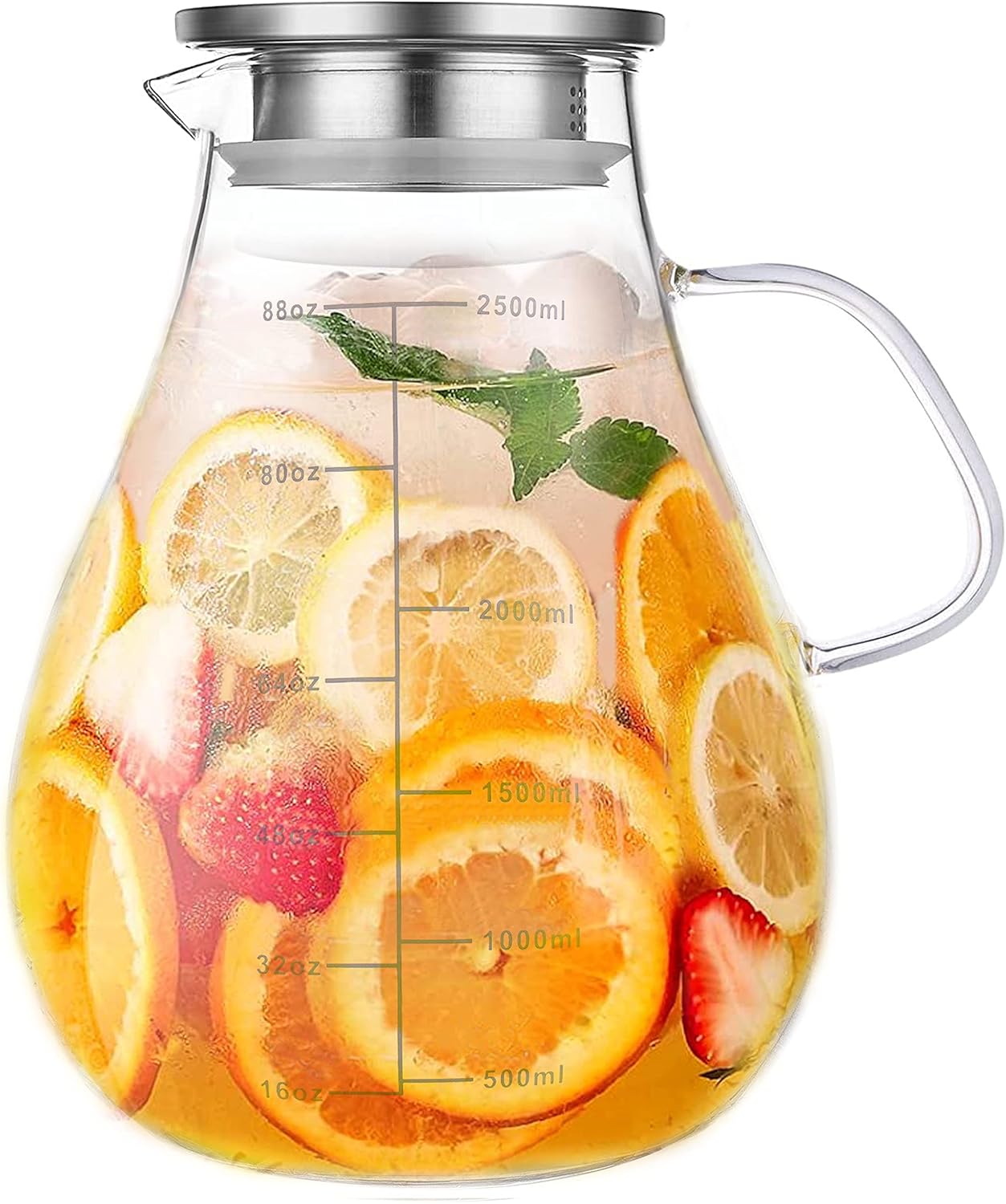 Glass Pitcher with Lid,88 Ounces -2500ml with Precise Scale Line, Hot/Cold Water Jug, Juice and Iced Tea Beverage Carafe with Lid