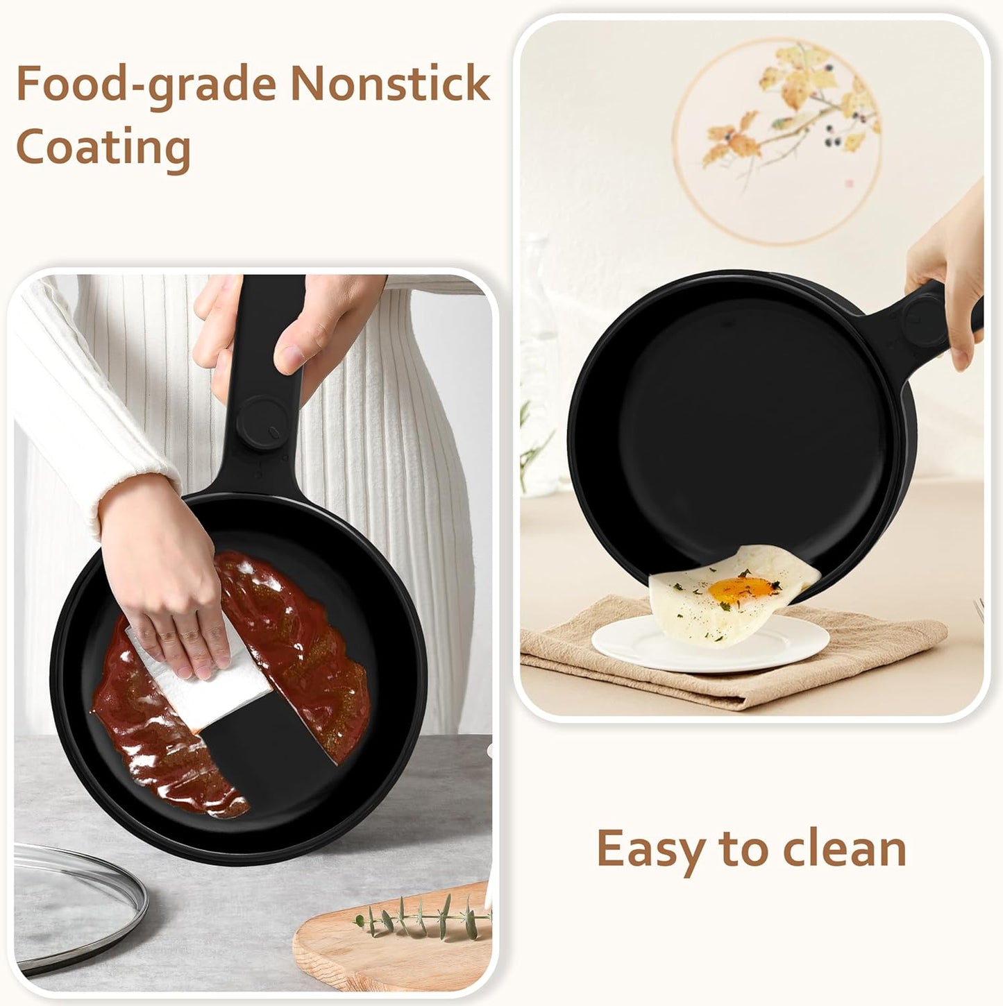 HYTRIC Hot Pot Electric, 1.5L Portable Non-stick Frying Pan, Electric Cooker for Steak, Egg, Pasta, Ramen Cooker with Dual Power Control, Mini Electric Pot for Office, Dorm Room Essential, Black