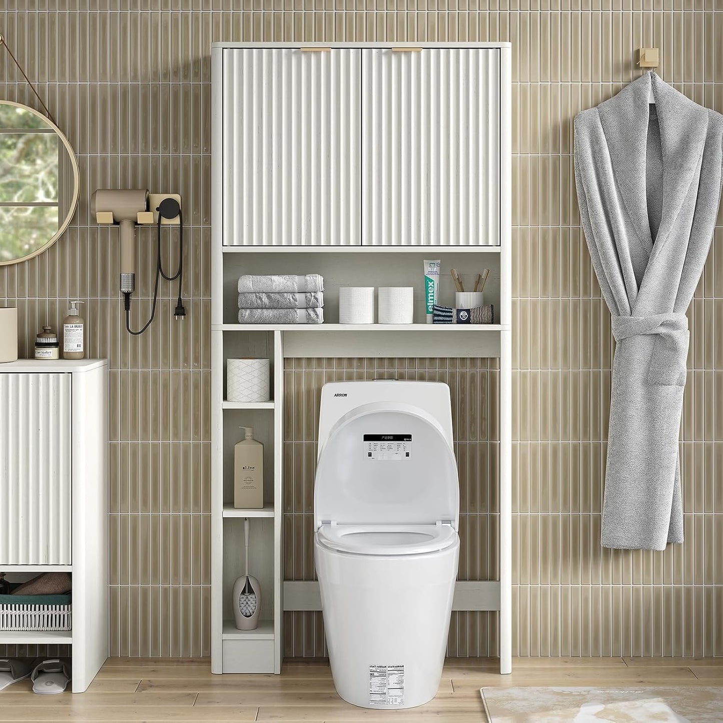 Furnideco Fluted Over The Toilet Storage Cabinet 31''W Modern Above Toilet Storage Cabinet with Fluted Doors & Adjustable Shelf for Bathroom, Antique White