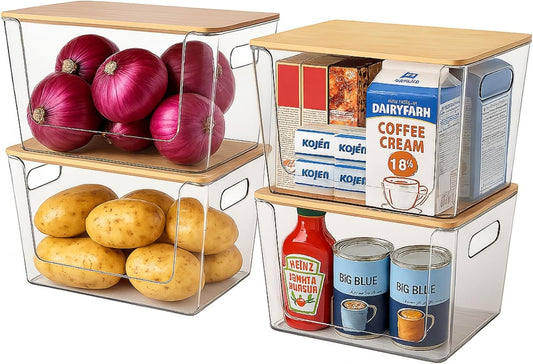 4-Pack Stackable Potato & Onion Storage Bins with Ventilated Design & Removable Dividers - Eco-Friendly Bamboo Vegetable Containers for Pantry, Kitchen Countertop - Garlic, Veggies, Produce Organizer