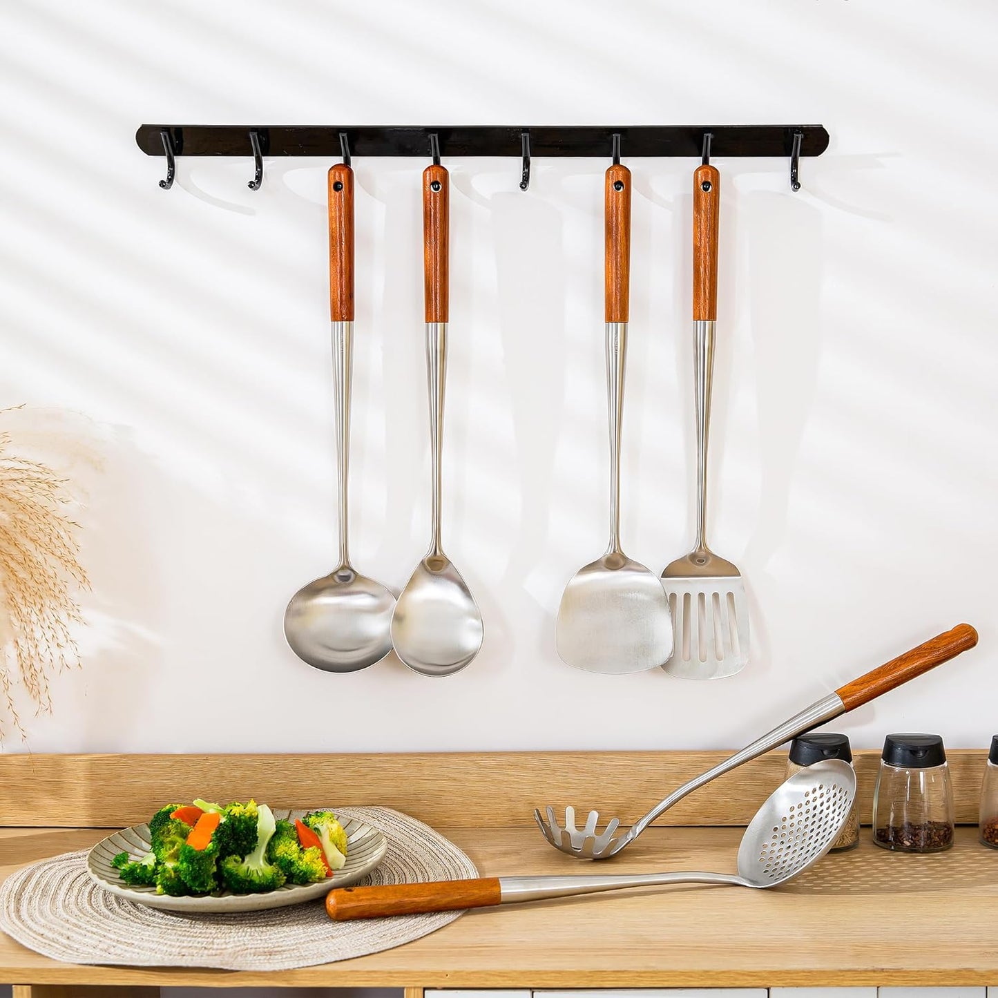 FJNATINH 304 Stainless Steel Kitchen Utensil Sets-6 PCS Wok Spatula Sets Cooking Utensil Tools Spatula, Soup Ladle, Skimmer, Slotted Spatulas Tunner, Spaghetti Spoon