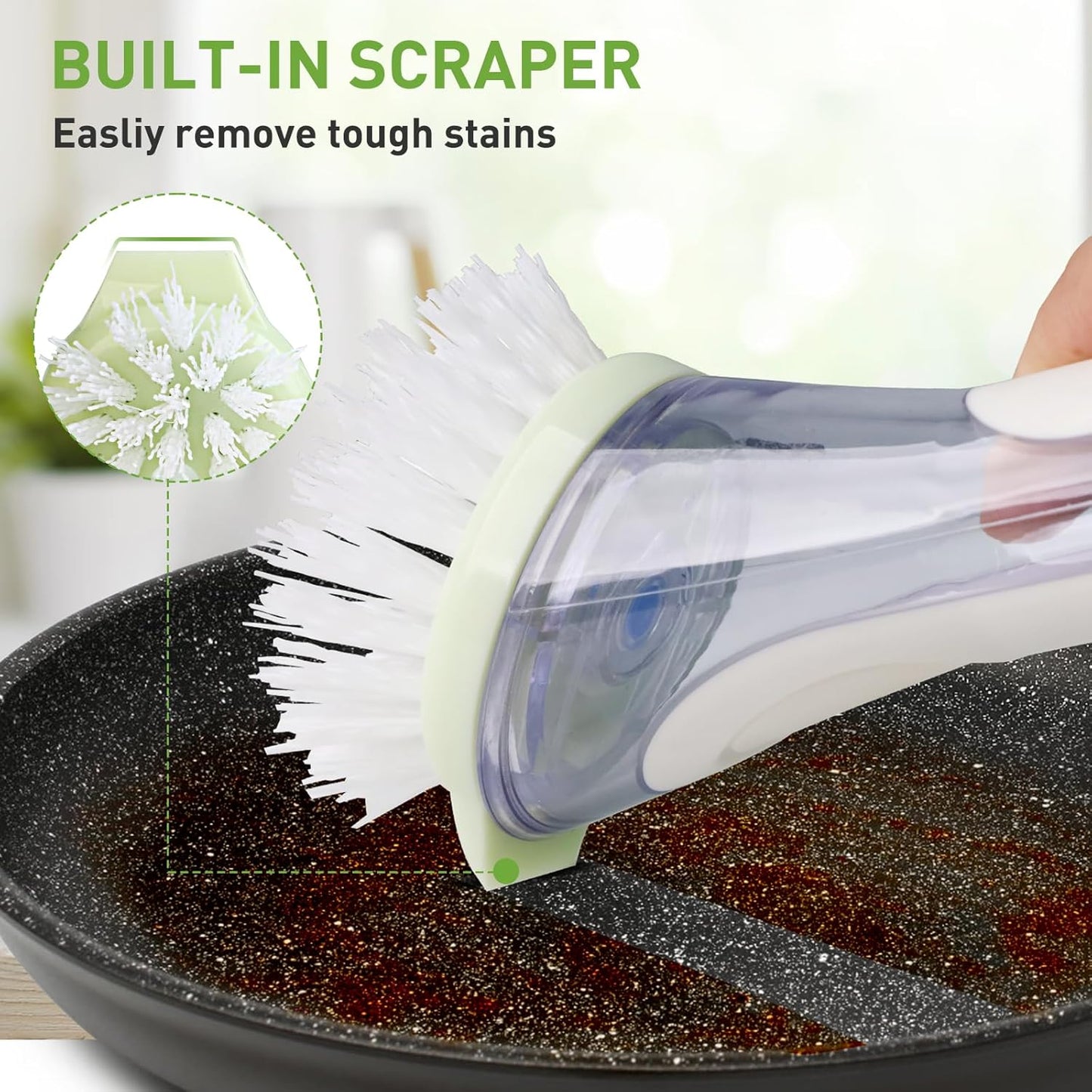 Soap Dispensing Dish Brush with 2 PCS Brush Refills, Dish Scrub Brush with Soap Dispenser, Dish Soap Brush for Dishes, Pans, Sink, Pots