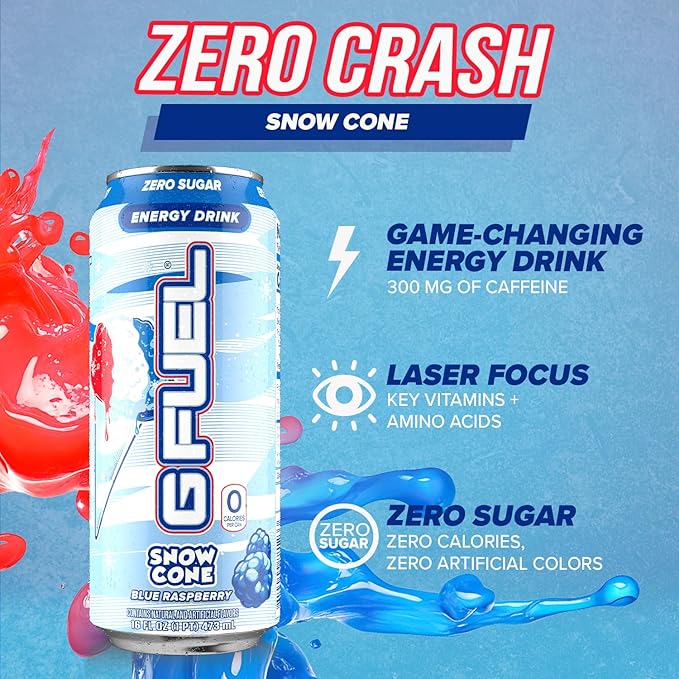 G Fuel Energy Drink, Snow Cone, Sugar Free Beverage with 300mg Caffeine, Daily Energy Boost with Focus Amino, Vitamin + Antioxidants, 16 oz Cans (Snow Cone, 12-Pack)
