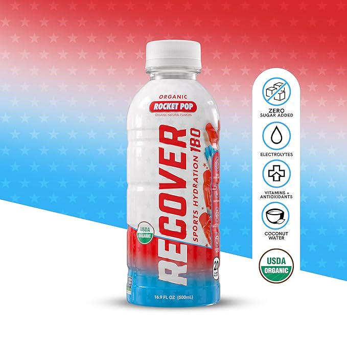 RECOVER 180 Organic Sports Hydration Drink, No Sugar Added, 20 Calorie Sports Beverage, Organic Flavors With Vitamins, Potassium-Packed Electrolytes (16.9 Fl Oz (Pack of 12), Rocket Pop)