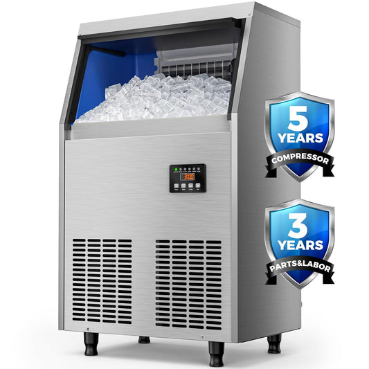 Commercial Ice Maker Machine, 100LBS/24H Stainless Steel Under Counter Ice Maker with 34LBS Ice Bin, Freestanding Ice Machine for Restaurant, Home, Bar, Office, School, Party