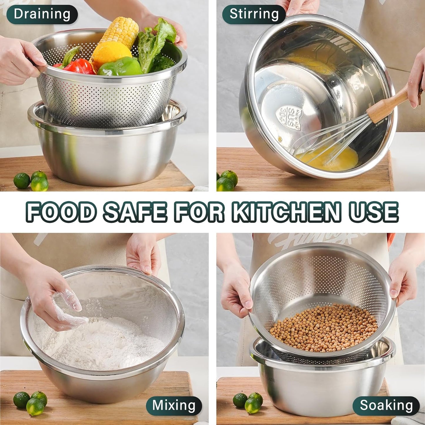 304 Stainless Steel Colander 4QT Microporous Colander & Large Bowl for Kitchen,Rice Strainer with Salad Mixing Bowl for Pasta Straining,Fruit Washing,Vegetable Draining,Food Mixing(2PCs)