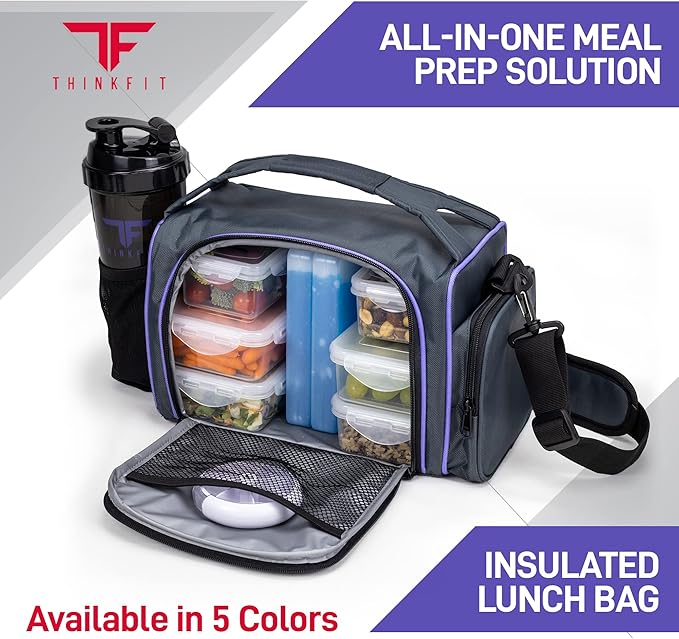 ThinkFit Insulated Meal Prep Lunch Box with 6 Food Portion Control Containers - BPA-Free, Reusable, Microwavable, Freezer Safe - With Shaker Cup, Pill Organizer, Shoulder Strap & Side Pocket (Purple)