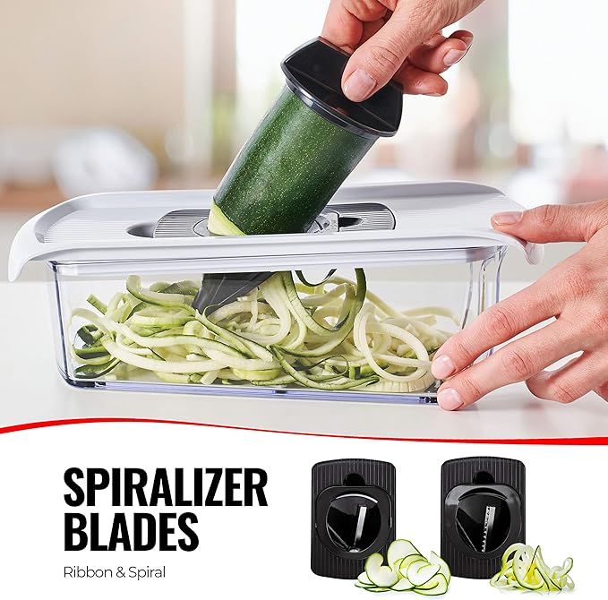 Fullstar Mandoline Slicer for Kitchen, Fruit Cutter, Cheese Grater, Cucumber Slicer, Veggie Spiralizer, Food Cutter & Kitchen Gadgets with Safety Glove (11 in 1, White)
