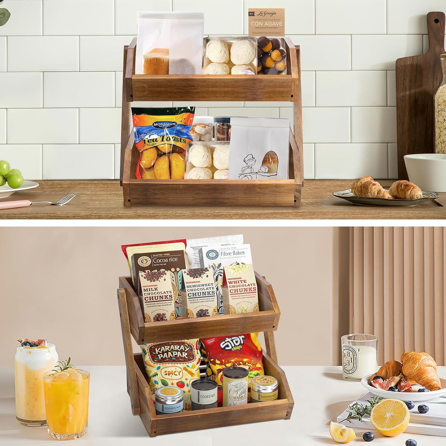 G.a HOMEFAVOR Fruit Basket: 2-Tier Acacia Wood Fruit Bowl for Kitchen, Fruit Stand Storage Holder for Vegetables and Snack Home Kitchen Countertop Organizer (Self-assembly)