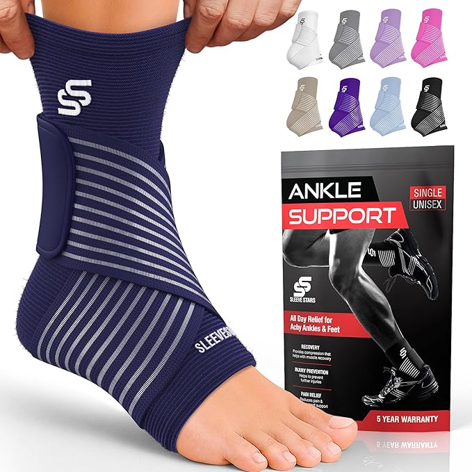 Sleeve Stars Ankle Brace for Women & Men, Ankle Wrap for Sprain, Compression Sleeve for Plantar Fasciitis Relief, Easy Customizable Support: w/ Removable Strap (Single/M:10"-12"/Navy Blue)