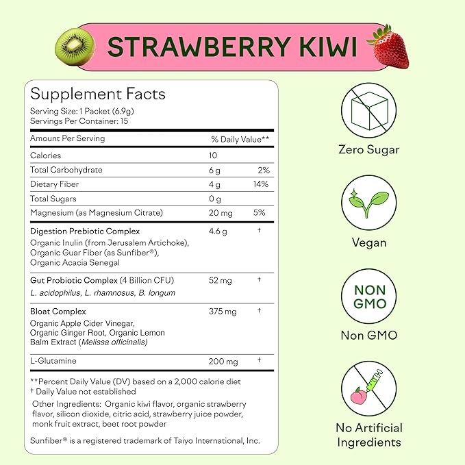 Feel Goods Gut Guardian, Organic Fiber, Probiotic & Prebiotic Powder, Sugar Free, Herbs for Bloat, Gut Health Support, Digestive Health for Men & Women, Non GMO, Vegan, Strawberry Kiwi, 15 Count