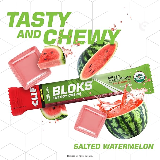 CLIF BLOKS - Salted Watermelon Flavor with 2X Sodium - Energy Chews - Non-GMO - Plant Based - Fast Fuel for Cycling and Running - Quick Carbohydrates and Electrolytes - 2.12 oz. (18 Count)