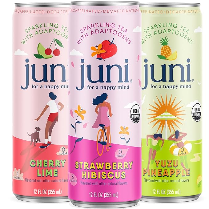 Juni Sparkling Adaptogen Drink with Ashwagandha, Lion's Mane & Reishi Mushrooms | Green Tea for Focus | Zero Sugar, 5 Calories | All Flavors 24-Pack