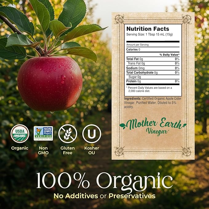 Mother Earth, Organic Apple Cider Vinegar with The Mother, Fresh Pressed Organic Apples, OACV, ACV, Raw, Unpasteurized, Unfiltered (1/14oz Apothecary Glass Bottle with Pour Spout)