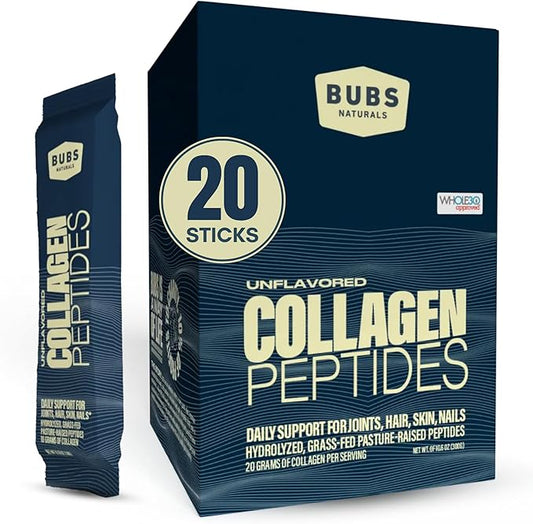 BUBS Naturals Unflavored Collagen Peptides Powder - Best Proteins for Joints & Skin - Pasture Raised Grass Fed - Paleo & Keto Friendly, Whole30 Approved, Non-GMO, Dairy & Gluten Free (20 Stick Packs)
