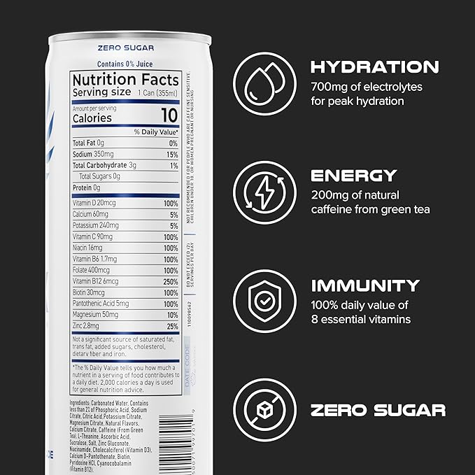 PHX Hydration Energy Drink - 700mg Electrolytes, 200mg Natural Green Tea Caffeine, 100% Daily Value 8 Essential Vitamins - 12 oz Cans (12 Pack) (12 Pack, Variety Pack)