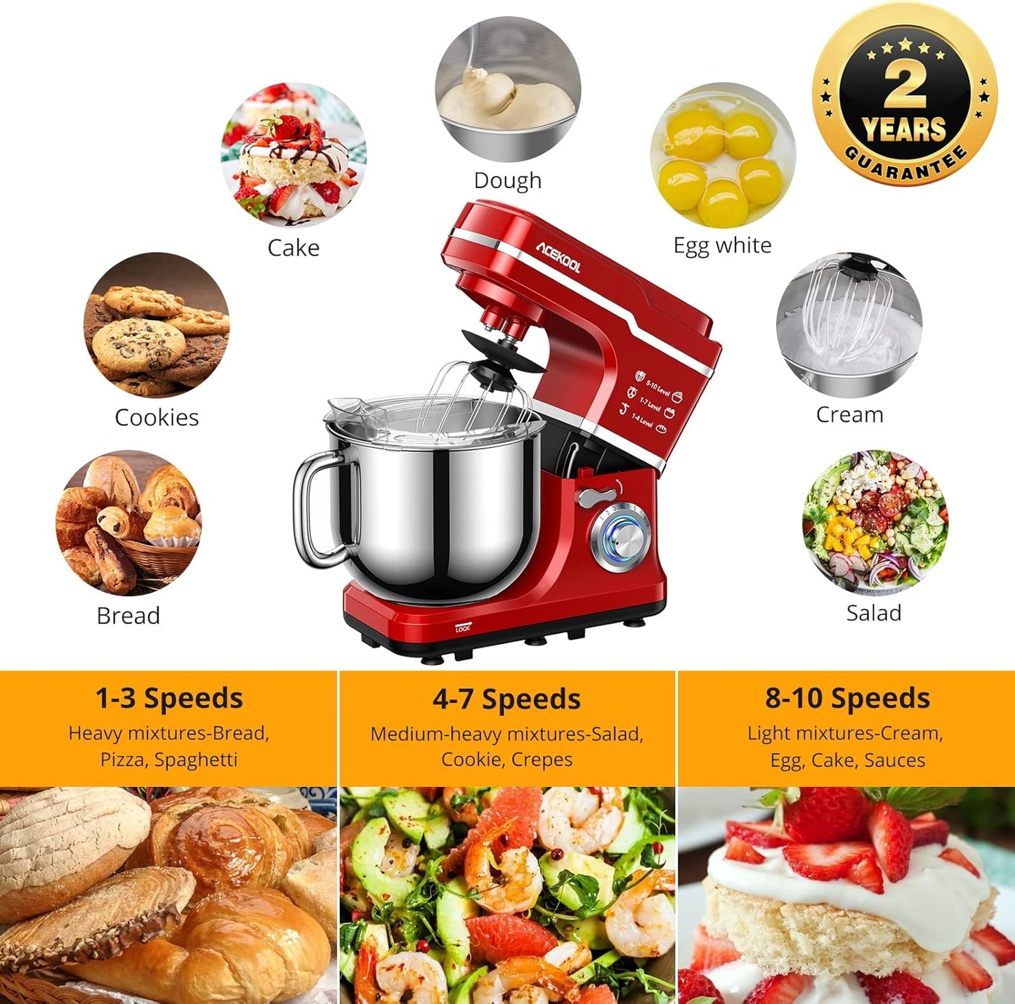 Garvee 7.5QT Stand Food Mixer, 10-Speed Tilt Head 3-IN-1 Kitchen Electric Mixer with Stainless Steel Bowl, Egg Whisk, Dough Hook, Beater, Splash Guard, Compact Dough Mixer for Home Cooks, Red