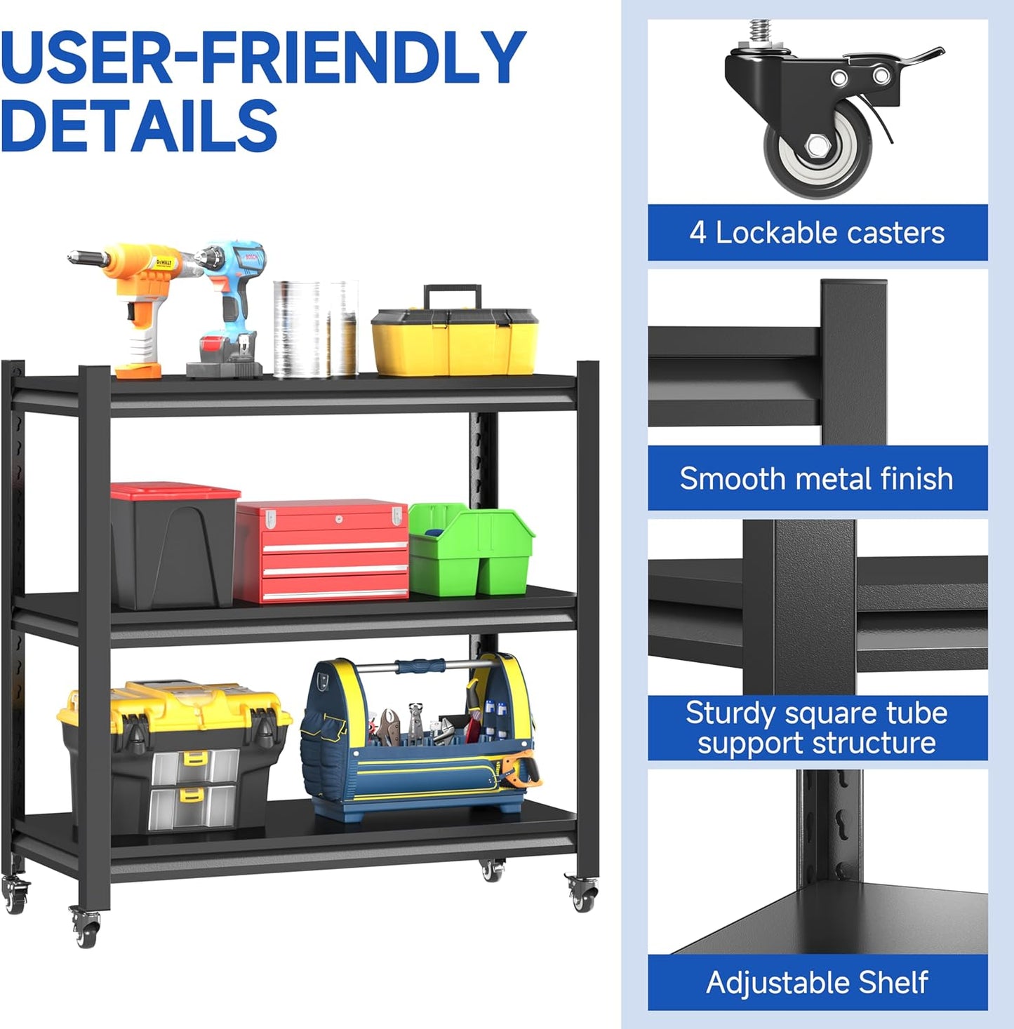 3 Tier Adjustable Garage Storage Shelving,Heavy Duty Utility Rack Shelf Unit on 4 Wheel Casters,Standing shelves for Garage, Home, Pantry,Kitchen,Warehouse,Bathroom & Laundry,Storage Rack - Black