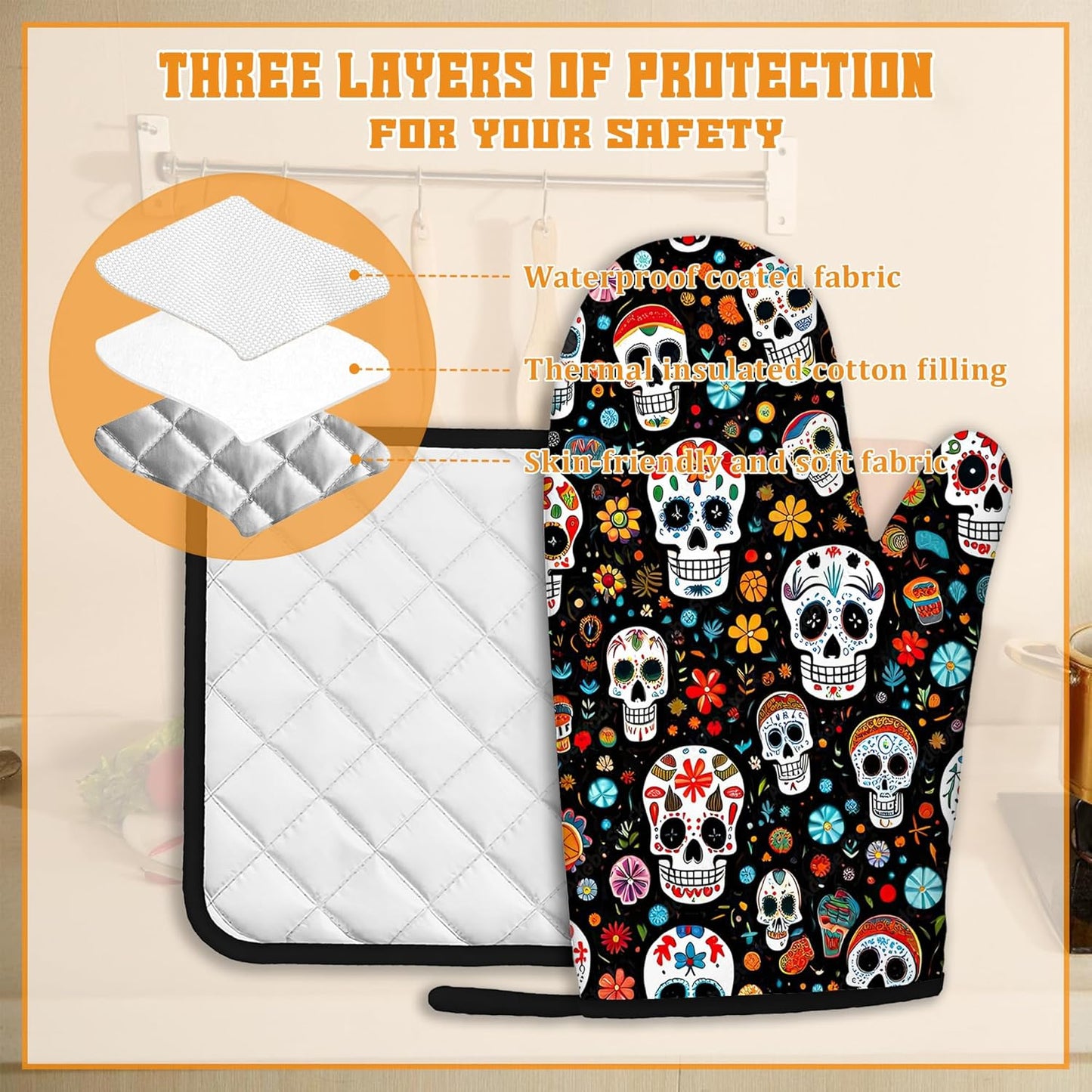 Day of The Dead Skull Mexican Oven Mitts and Pot Holders Set,Flower Kitchen Decor Heat Resistant Non Slip Hot Pads and Oven Mitt for Chef Cooking Baking BBQ Mom Girl Gifts(4 Piece Set)
