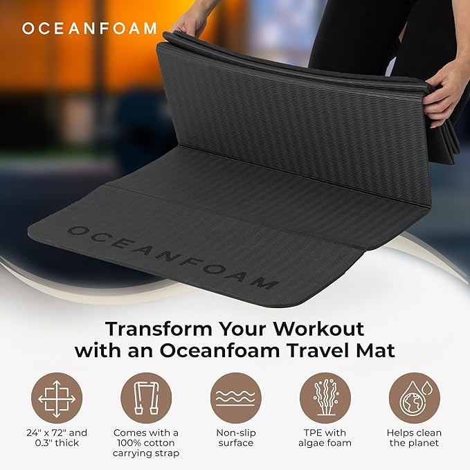 Oceanfoam Travel Workout Mat – 0.3" Thick Folding Exercise Mat for Yoga, Pilates, & Fitness – Non-Slip with Cotton Carrying Strap, Made with Sustainable Algae Foam – 24" x 72" (Charcoal)