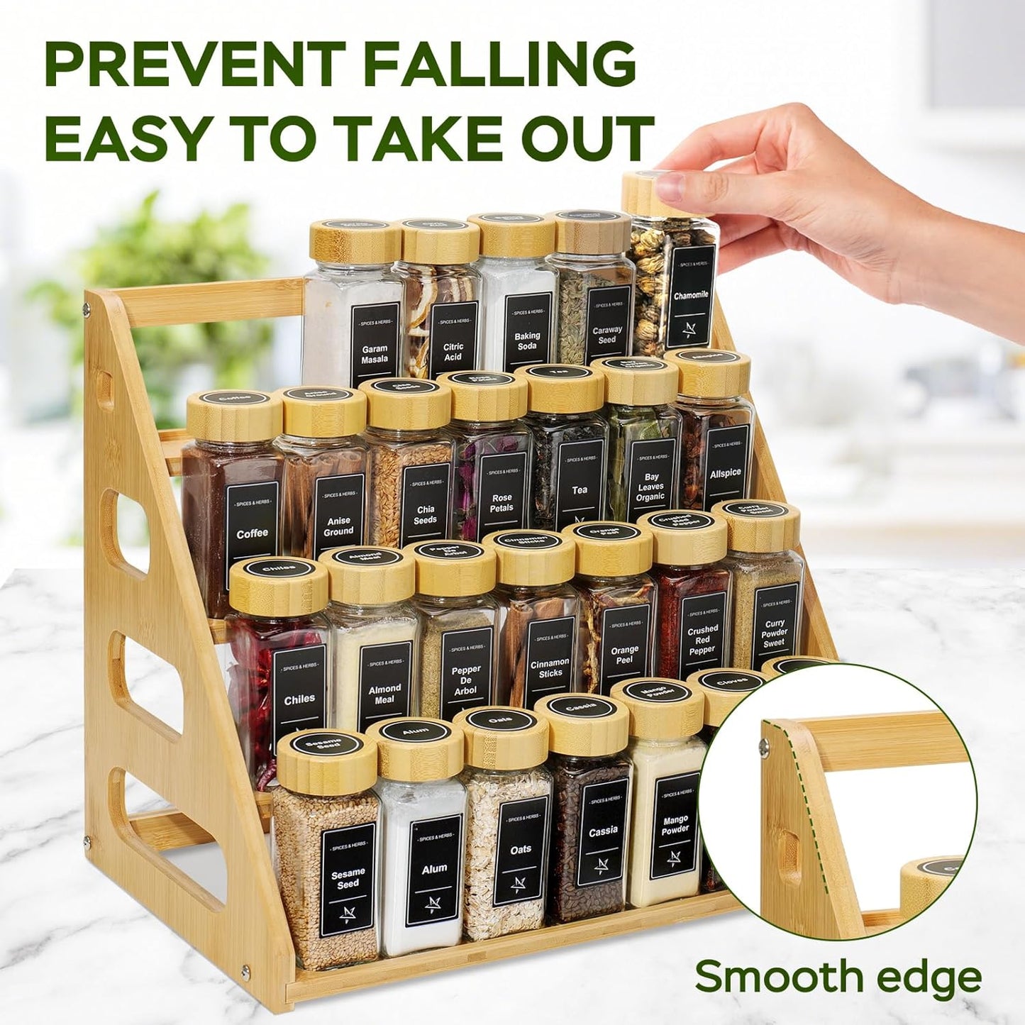 4 Tier Bamboo Spice Rack Organizer with 28 Spice Jars, 780 Labels, Wood Shelf, Chalk Marker and Funnel Set for Cabinet Kitchen Countertop, Empty 4 oz Glass Jars