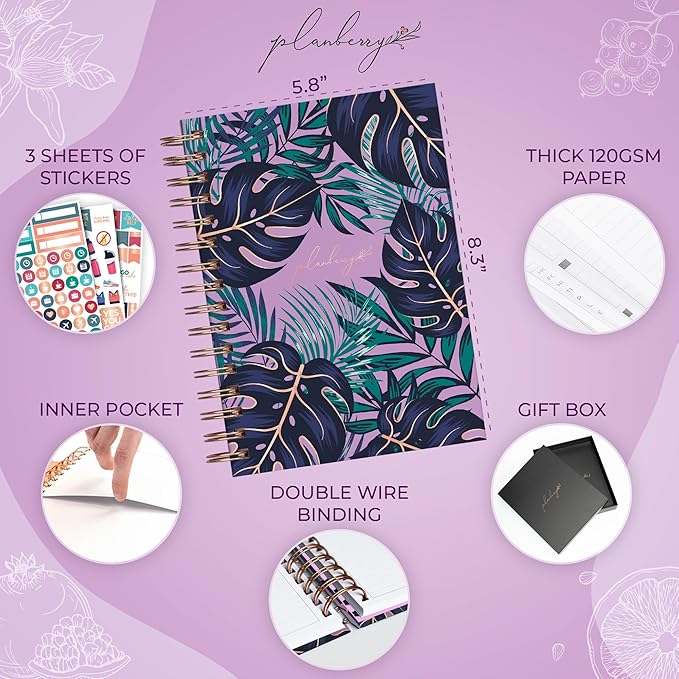 PLANBERRY Food Journal Premium – Nutrition Planner – Diet & Calorie Tracker – Meal & Exercise Diary – Weight Loss Journal (Wild Purple)