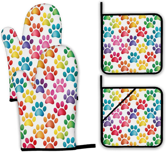 Cat Dog Paw Oven Mitts and Pot Holders Set,Rainbow Kitchen Decor Heat Resistant Non Slip Hot Pads and Oven Mitt for Chef Cooking Baking BBQ Mom Girl Gifts(4 Piece Set)