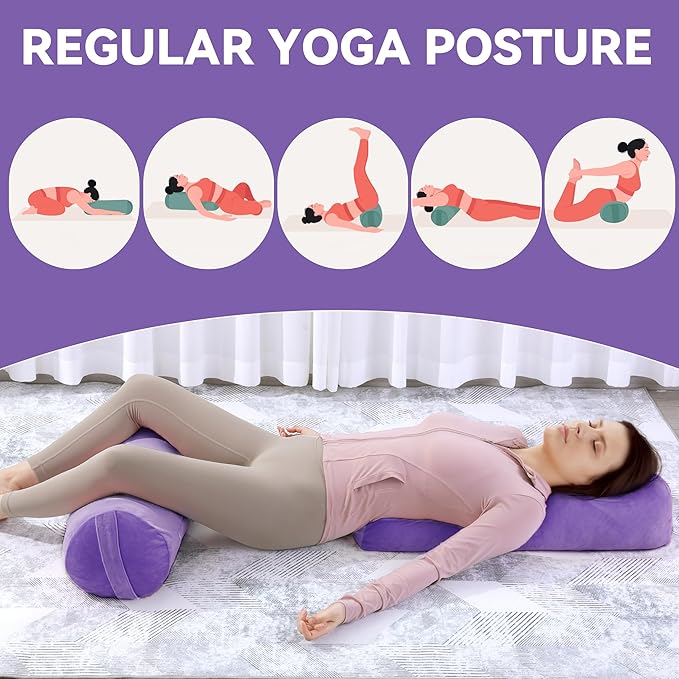 ROYALAY 2 Pcs Yoga Bolster Pillow for Restorative Yoga, Rectangular and Cylinder Meditation Pillow Set with Carrying Handles, Supportive Cushion for Exercise Workout Stretching Meditation,Purple