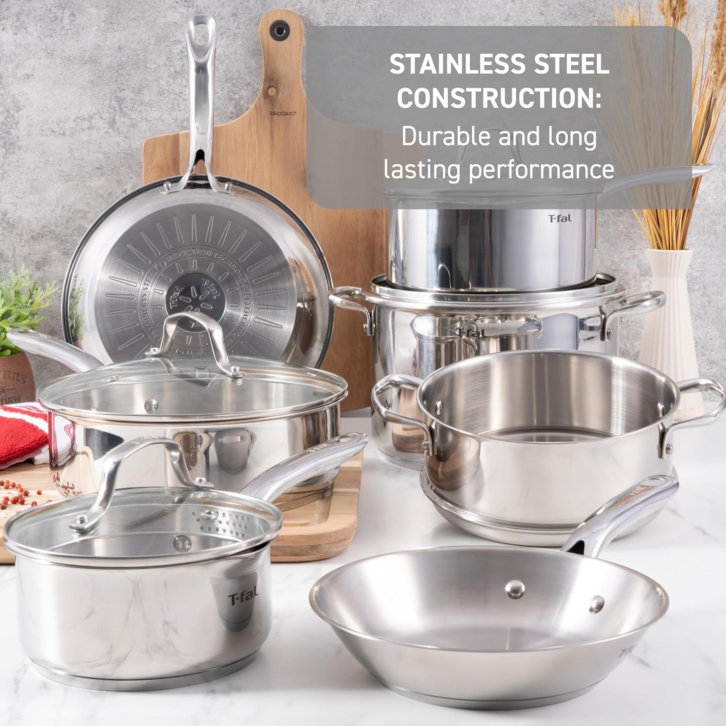 T-fal Stainless Steel Cookware Set 11 Piece, Induction, Oven Broiler Safe 500F, Kitchen Cooking Set w/Fry Pans, Saucepans, Saute Pan, Dutch Oven, Steamer, Pots and Pans, Dishwasher Safe, Silver