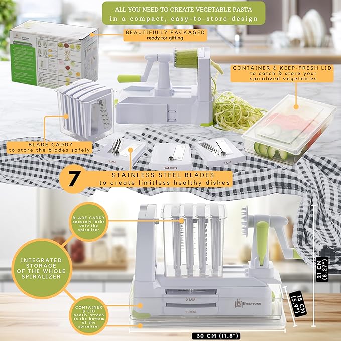 Brieftons 7-Blade Vegetable Spiralizer: Strongest-Heaviest Spiral Slicer, Best Veggie Pasta Spaghetti Maker for Low Carb/Paleo/Gluten-Free Meals, With Container, Lid, Blade Caddy & 4 Recipe Ebooks