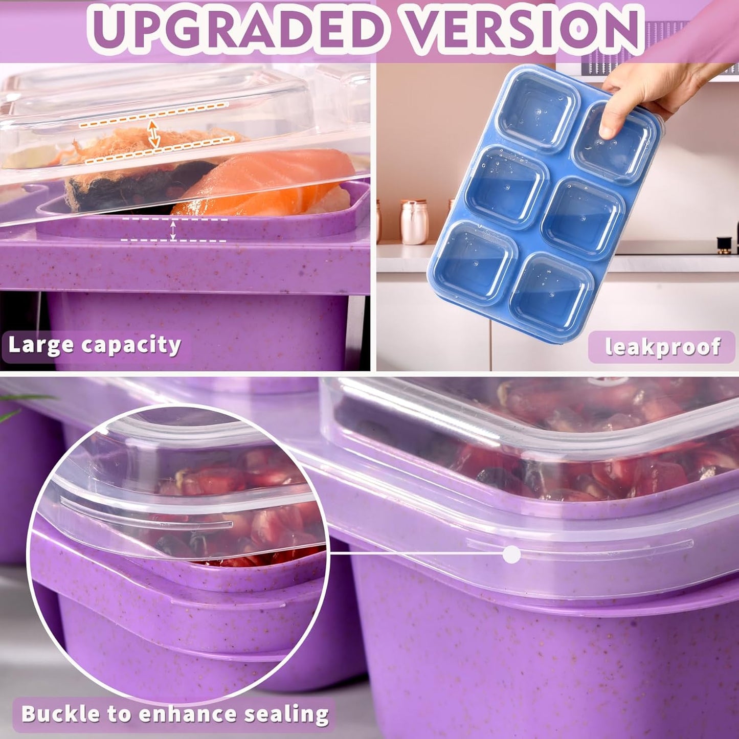 4-Pack Leakproof Bento Box & Snack Containers for Kids & Adults | 6-Compartment with 4 Sauce Cups | Ideal for School, Office, Picnic & Travel (38oz/1100ml) (Pink/Blue/Purple/Green)