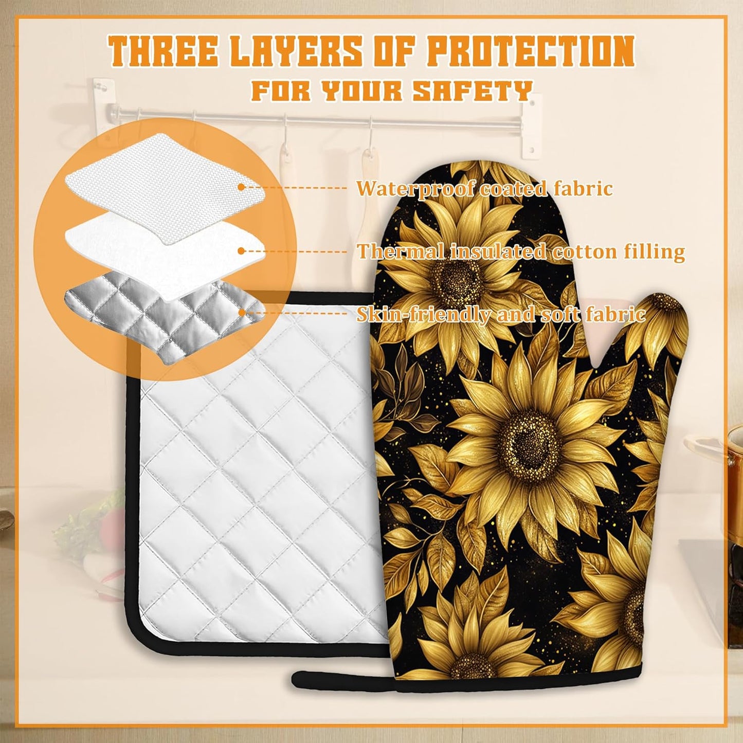 Vintage Sunflower Oven Mitts and Pot Holders,Sparkling Heat Resistant Oven Mitts Gloves and Pot Holder for Home Kitchen Decorations Cooking Baking BBQ Gifts,Set of 4