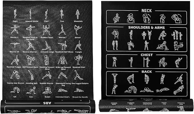 Instructional Travel Yoga Mat with 75 Poses & Exercises - Non-slip Exercise Mat for Home Workout, Includes Carrying Bag - Perfect for Beginners, 68"x24"x0.25"