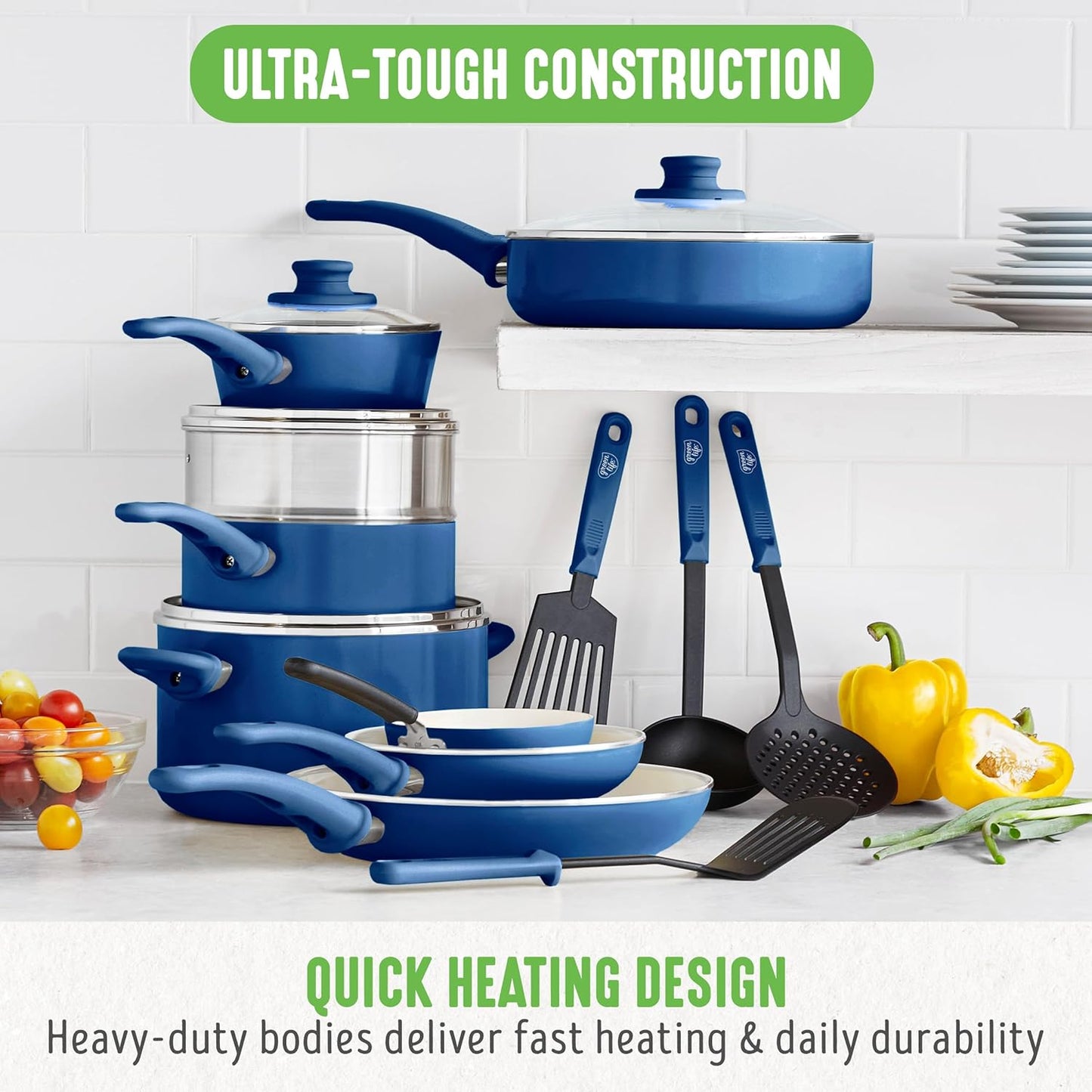 GreenLife 16 Piece Nonstick Cookware Set, Soft Grip Non-Toxic PFAS-Free Ceramic Pots & Pans, Dishwasher & Oven Safe, Frying, Sauce, Saute, Utensils, Glass Lids, Stay-Cool Handles, Wobble Free, Blue