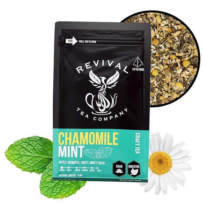 Revival Tea Company Chamomile Mint Tea - Herbal Tea Blend of Chamomile Flowers and Peppermint Leaf - Caffeine Free - 24 Tea Bags
